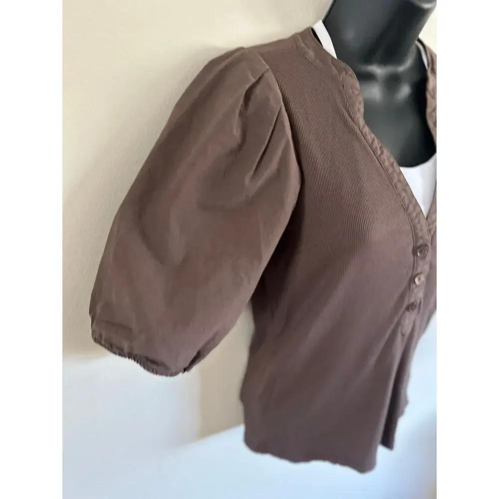 Madewell Brown Ribbed Henley Puff Sleeve Top Small
